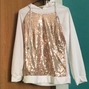 Gold sequins, white hooded sweatshirt
